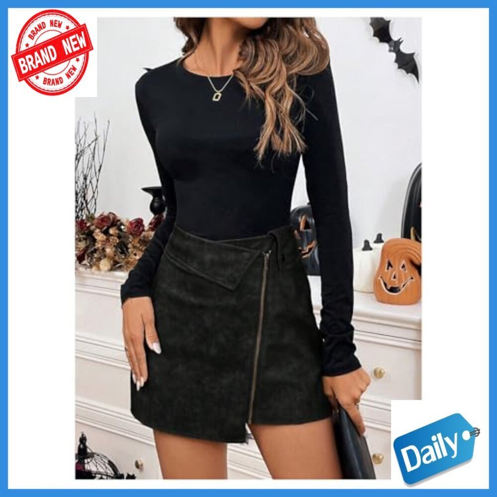 Vintage PU Leather Mini Skirt High Waist Asymmetrical Hem Zipper Up - Picture 5 of 5